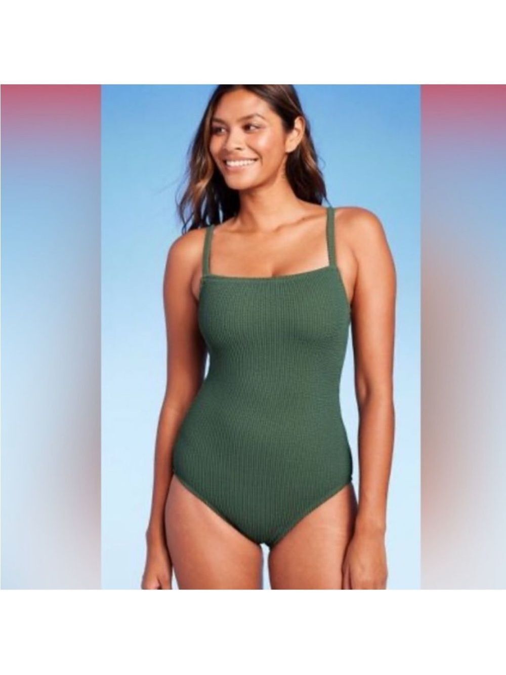 Kona Sol 17 Hunter Green Ribbed Stretch Square Neck One piece Swimsuit